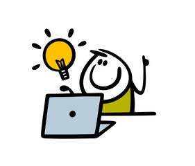 Cartoon stickman is sitting at a computer and a light bulb is on. Vector illustration the boy solved the problem, came up with a brilliant idea. - 633883624