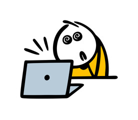 Zombie computer user is sitting at a table with spiral eyes. Vector illustration of cartoon doodle hypnotized stickman missing on social networks.