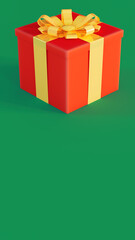 Red gift box with yellow ribbon on green stage, holiday and thank you theme, 3d illustration,