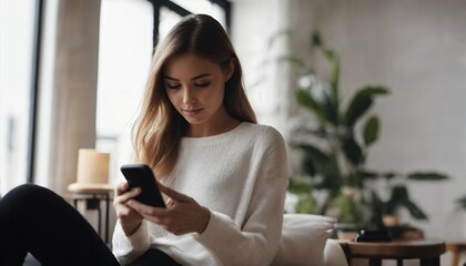Obraz premium Young woman texting on smartphone at home. Connection, technology, apps, smartphone mock up, communication concept