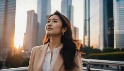 Successful asian businesswoman standing in city street, dreaming of new investments at sunset