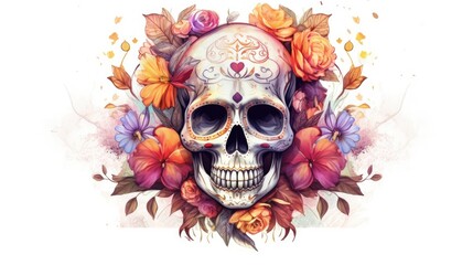 mexican skull with watercolor and flowers
