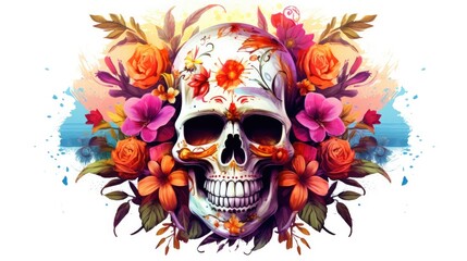 mexican skull with watercolor and flowers