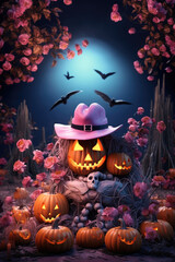 Halloween background with pumpkin in pink hat, Generative AI