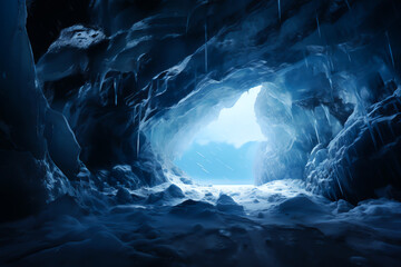 Frozen snow and ice cave in cold winter - Generative AI