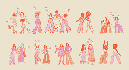 Groovy characters. Retro 70s, 80s, happy hippie, retro girls. Vintage hippie style. Groovy girls, characters, positivity, disco