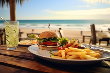 Seaside Savors. Enjoying a Delicious Hamburger, Crispy Fries, and a Cool Drink at a Coastal Beach Bar. Summer Dining Vibes