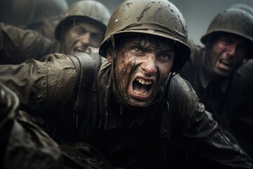 Duty and Sacrifice. Brave Soldiers in Action During World War 2, Facing Adversity on a Gray and Rainy Day. WWII Heroes

