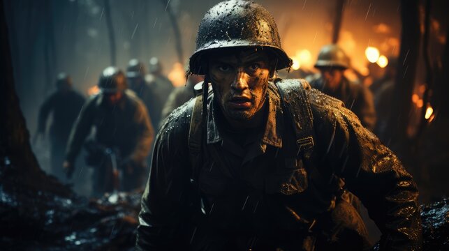 The Face of Courage: A Gritty Portrait of a Soldier During World War II in the Midst of a Battlefield - An Image Reflecting the Sweat, Blood, and Tears of Wartime Sacrifice.

