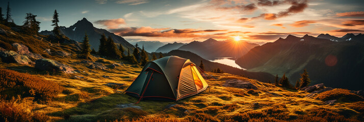 camping tent on mountain peak at sunrise, travel and vacation concept