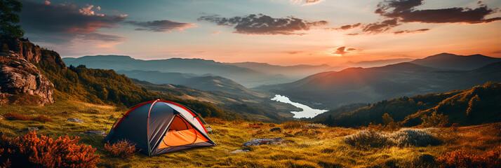 camping tent on mountain peak at sunrise, travel and vacation concept - obrazy, fototapety, plakaty