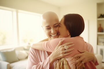 Embracing Resilience. A Woman Battling Breast Cancer Receives a Tight Hug from Someone Special. The Fight for Health and Resilience

 - obrazy, fototapety, plakaty