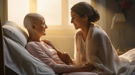 Journey of Courage. In the Hospital Bed, a Woman's Fight Against Cancer is Uplifted by the Closeness and Encouragement of a Loved One. Battling Fear and Finding Hope
