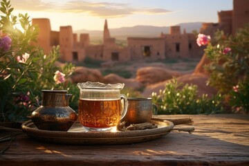 Moroccan Tranquility. At a Rustic Table with Blooming Mint Tea, Enjoy the Serenity of a Sunset with Old Houses in the Background. Traditional Refreshment AI Generative.

