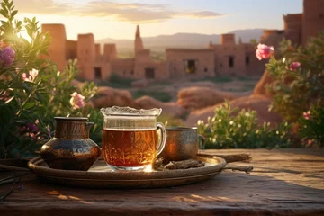 Foto op Plexiglas Moroccan Tranquility. At a Rustic Table with Blooming Mint Tea, Enjoy the Serenity of a Sunset with Old Houses in the Background. Traditional Refreshment AI Generative.   © Helena
