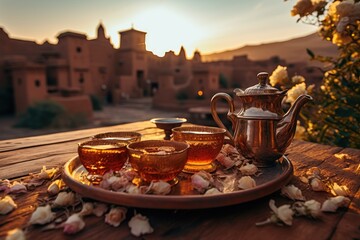 Moroccan Tranquility. At a Rustic Table with Blooming Mint Tea, Enjoy the Serenity of a Sunset with Old Houses in the Background. Traditional Refreshment AI Generative.

 - obrazy, fototapety, plakaty
