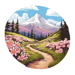 Selbstklebende Fototapeten Tranquil Spring Mountain Hike Sticker. A Spring Sticker for Outdoor Lovers. Enjoy the Serene Beauty of a Springtime Mountain Walk. AI Generative.   © Helena