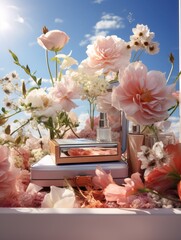 Summer Beauty: Makeup Kit Amidst Vibrant Flowers