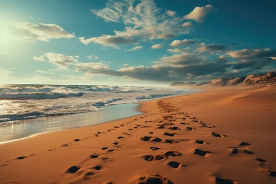 Journey's Silent Trace: An Artistic Vision of the Seashore, Depicting Sequential Footprints Vanishing Toward the Endless Horizon, Portraying an Enigmatic Expedition Generative AI	
