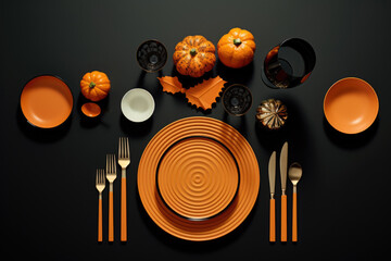 Halloween party table setting in black and orange colors Generative AI