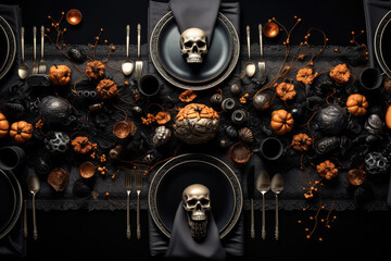 Halloween party table setting in black and orange colors Generative AI