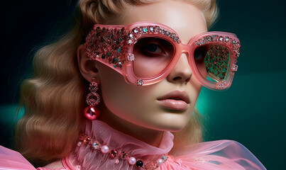 Obraz premium Fashion portrait of woman with mask sunglasses. Beauty close-up shot. Avantgarde retro vibe. Generative AI.
