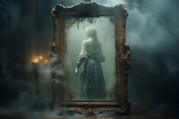 Haunted Reflection, Ghostly Face Emerging from Antique Mirror