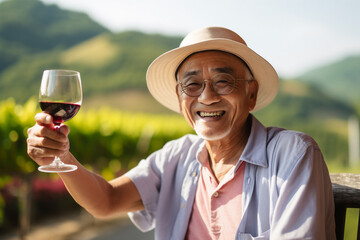 A retired asian senior is travelling happy with a glass of wine on a nature vibrant trip on vacation while retired