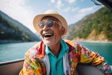 An aged asian senior is travelling happy with holiday clothing on a nature vibrant trip on vacation while retired
