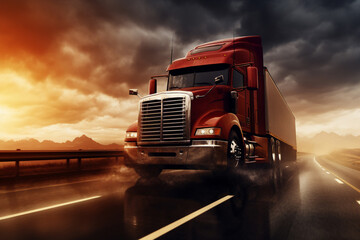 A red large truck is driving fast with a blurry environment on a busy highway surrounded by nature