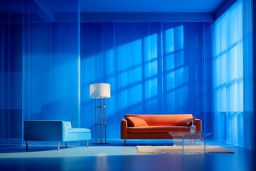 A contemporary bright blue living room is lit with sun beams coming in from the left without people present
