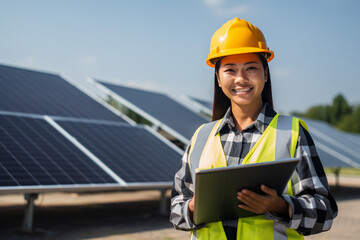 A female asian engineer with a yellow helmet are standing and looking at the camera enthusiastic with ipad without logo in a solar panel clean park ; renewable energy concept