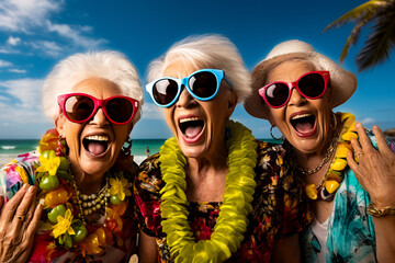A holiday happy group of grannies are smiling sunglasses on a  beach ; a tropical background or banner