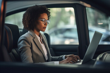 An adult african american business-woman is working concentrated with computer without logo in the backseat of a expensive modern car while looking at the screen