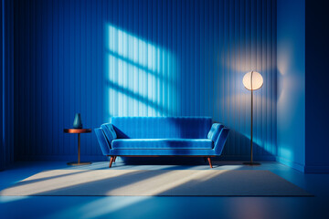 A retro bright blue living room is lit with sun beams coming in from the left without people present