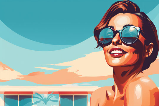 A holiday cool woman is smiling sunglasses next to the  pool ; a vacation background or banner