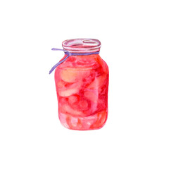 Glass jar with jam isolated on white background. Painted by hand in watercolor. hand drawing. Fruit jam, food illustration. Bright pink and apricot color. Can be used for stickers and menus, postcards