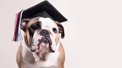 English bulldog dog in graduation cap isolated on white background. English education concept. Copy...