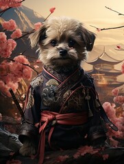 Adorable cute little dog wearing a traditional japanese outfit, bushidog created with AI