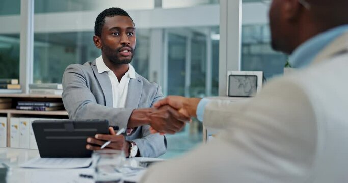 Hiring, HR and manager handshake with employee meeting for interview as recruitment at a professional job meeting. Thank you, welcome and black man onboarding a worker at company for collaboration