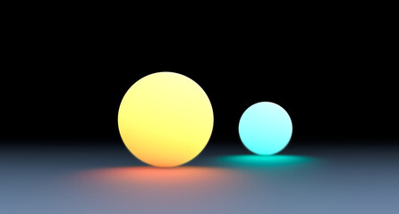 Neon colorful balls on the surface. Glowing neon round shapes, abstract wallpaper. 3D render