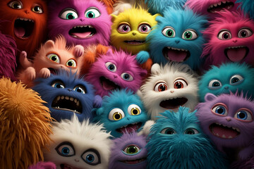 Whimsical Multicolored Creatures with Numerous Teeth and Eyes