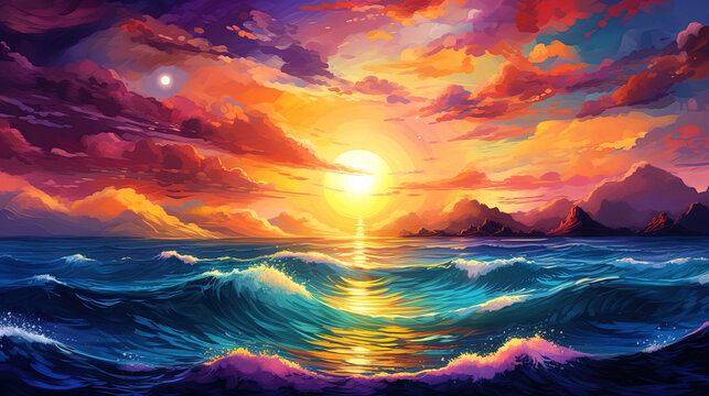 Sunset over sea art illustration, beautiful pastel colors painting