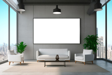 Modern minimalist luxury living room with big canvas with transparent background for copy space