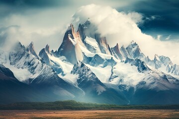 Epic rocky peak of Mount Fitz Roy on a cloudy epic morning