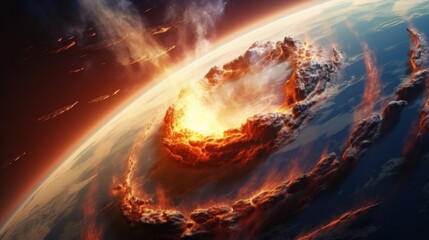 Fall of an asteroid or meteorite comet onto the planet. view from space. Meteorite burning in atmosphere. - obrazy, fototapety, plakaty