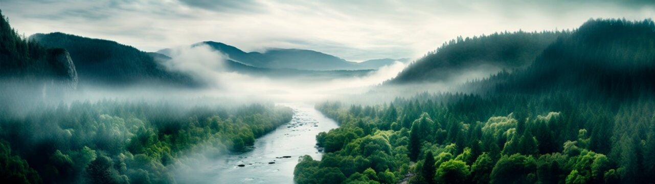 Panoramic epic view of wild forest with a river on a foggy morning