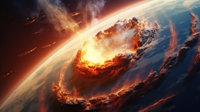 Fall of an asteroid or meteorite comet onto the planet. view from space. Meteorite burning in atmosphere.