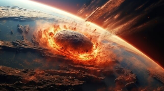 Fall of an asteroid or meteorite comet onto the planet. view from space. Meteorite burning in atmosphere.