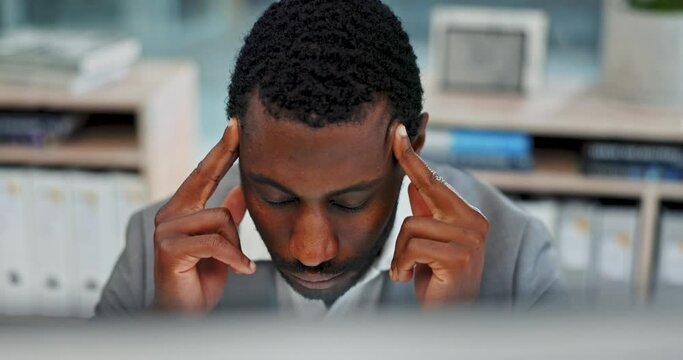 Stress, headache and black man in office with headache, crisis or bad review report, news or email. Business, fail and African manager with migraine, brain fog or disaster and mental health problem